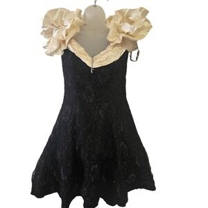 Vintage 80s Zum Zum Black Lace Formal Dress Champagne Ruffle Shoulders Sparkle